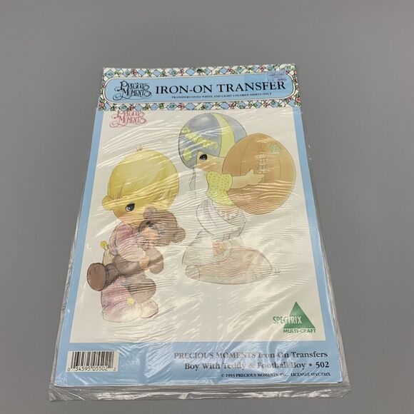 Vtg Precious Moments Iron On Transfer 502 Boy with Teddy Football Spectrix NOS - Picture 1 of 6